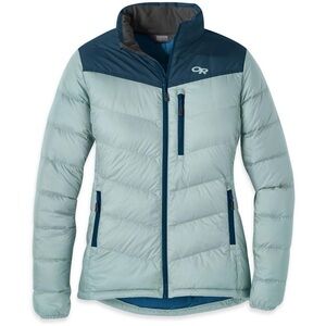 Outdoor Research Women's Transcendent Down Jacket in light blue/teal size small